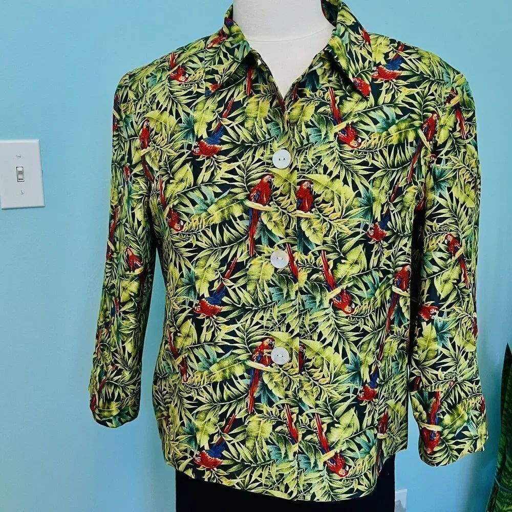 Vintage harvé benard 10 Green Red Floral Parrot 100% Silk Lined Blazer Jacket